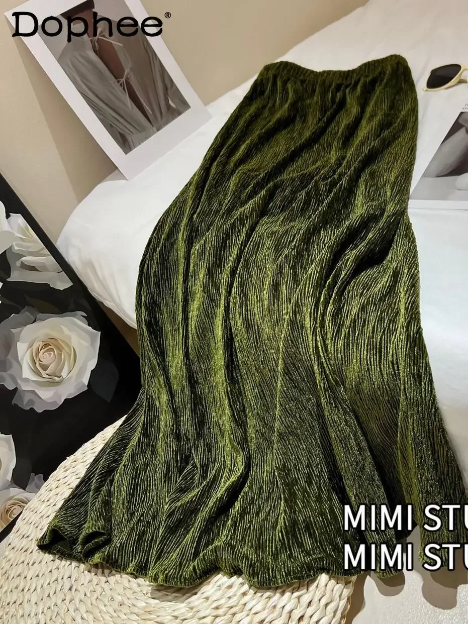 

Retro High-end Autumn Texture Folds Skirt Vertical and Elegant Lady Velvet Fishtail Pendulum Mid Length Skirt for Women