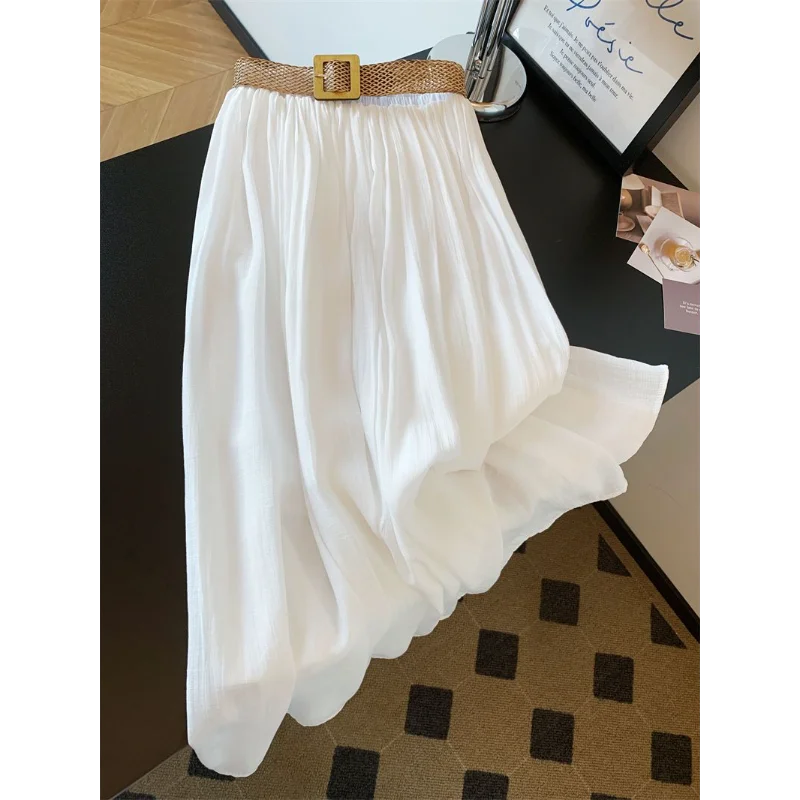 Witte ijszijde katoenen linnen rok voor dames Dunne luie ontspannen gevlochten riem Ontwerp A-lijn lange rok