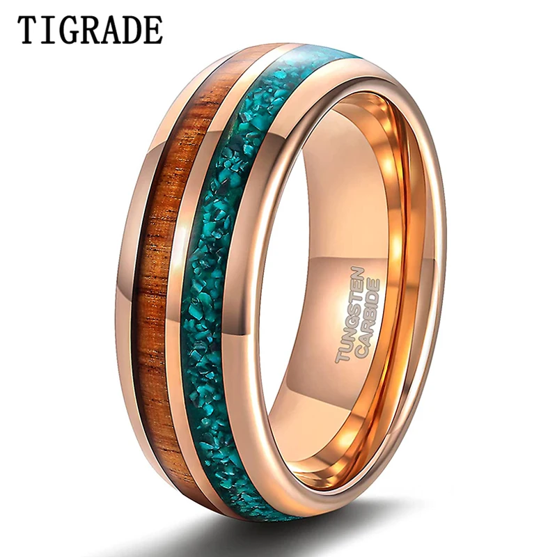 TIGRAGE 8mm Mens Tungsten Wedding Rings Turquoise/Wood Inlay Gold Tungsten Carbide Ring Engagement Band Beveled Edges Comfort