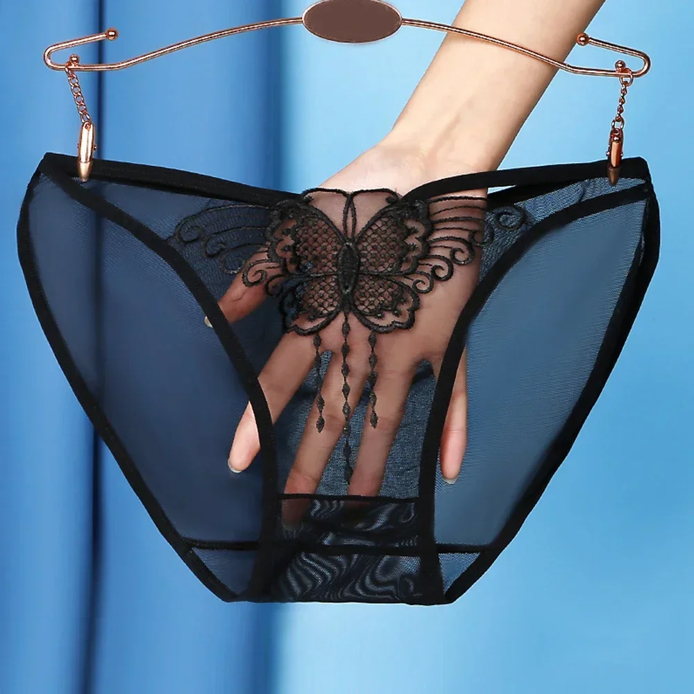 Culotte sexy transparente avec broderie papillon pour femme, sous-vêtement respirant ultra fin, lingerie
