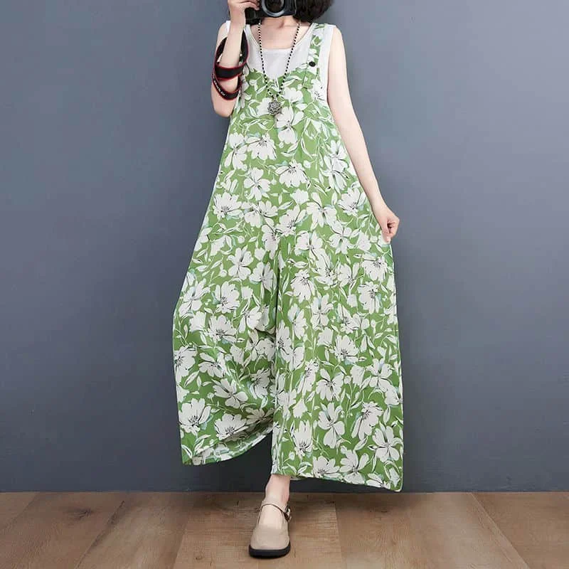 Kombinezony w kwiaty dla kobiet Ponadgabarytowy jednoczęściowy strój damski Harajuku Luźne koreańskie spodnie z szerokimi nogawkami Casual Vintage Playsuits