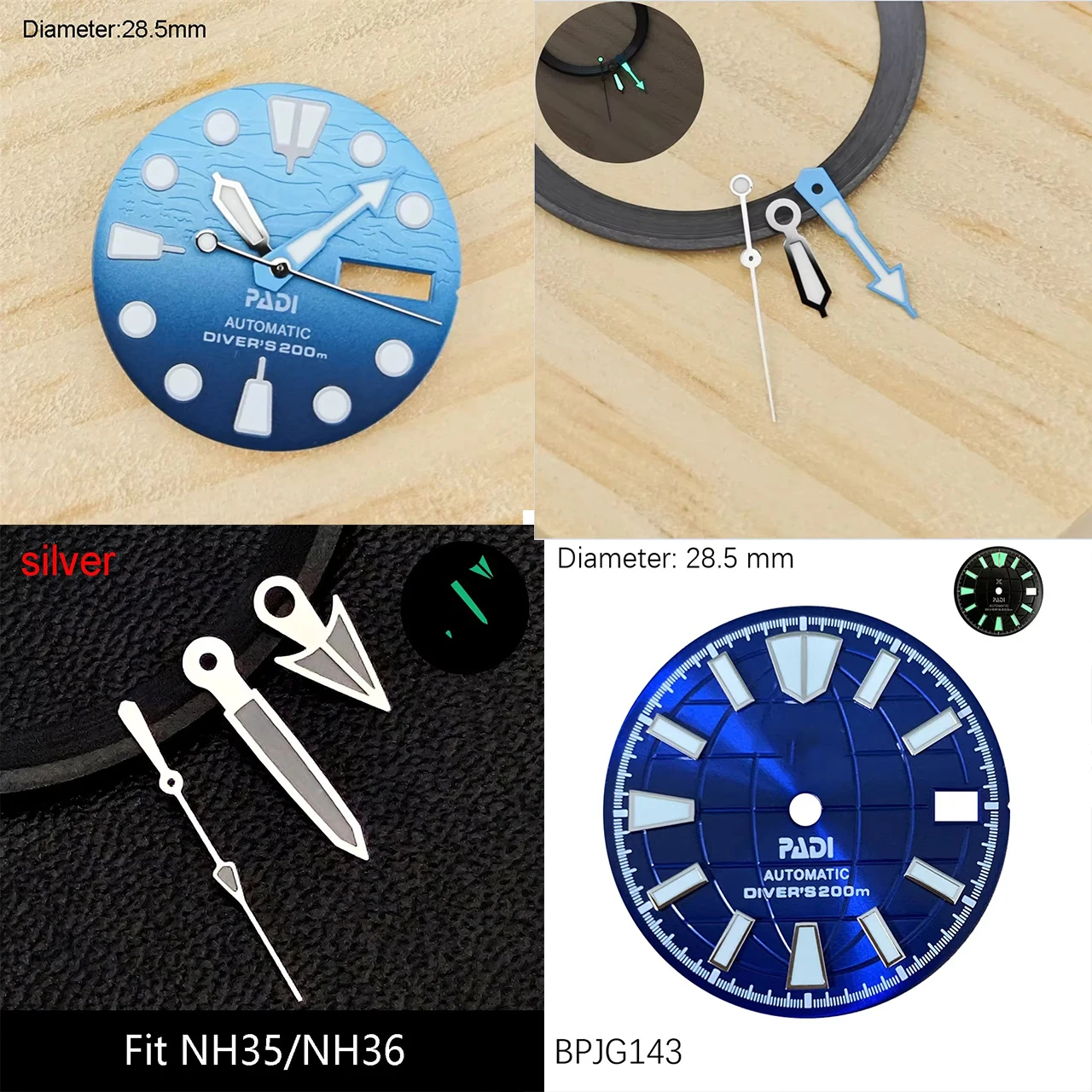 28.5mm NH35 S Logo Dial Tiffa Blue Grenade Dial For NH35/NH36 Movement Green Lumen Turtle Hand NH35 PADI S Dial Modification Mod