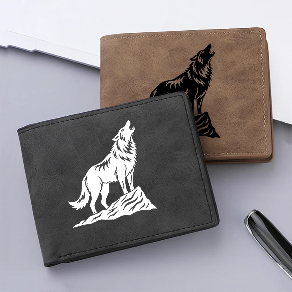 Retro PU Leather Double-Fold Wallet for Men with Wolf Pattern Barking Design Short Style Fashionable Gift