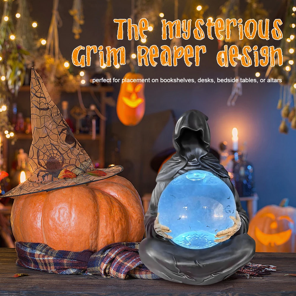 Gothic Grim Reaper Crystal Ball Statue Grim Reaper Statue with Flying Bats Crystal Ball for Halloween Bookshelf Decor