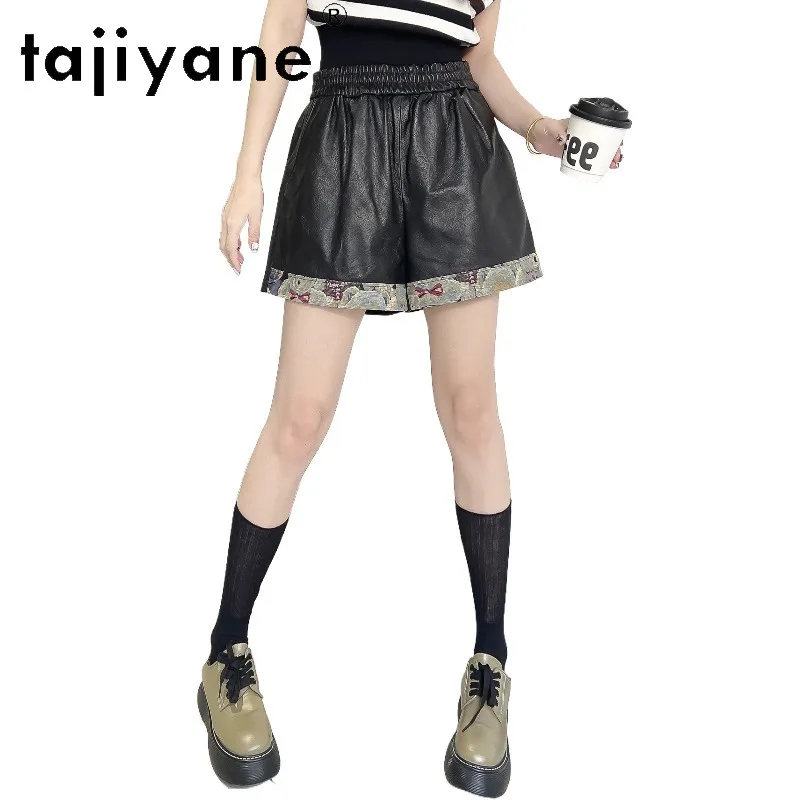 TAJIYANE Genuine Sheepskin Women's Shorts Loose Raffia Grain Leather Short Wide Leg Black Shorts for Woman Slim Fit Bootyshorts