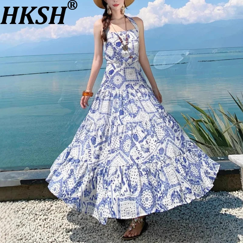 

HKSH Summer New Women Vacation Style Fashion Halter Neck Sleeveless Printed Waist Cinching Elegant Tide A-Line Long Dress HK7812