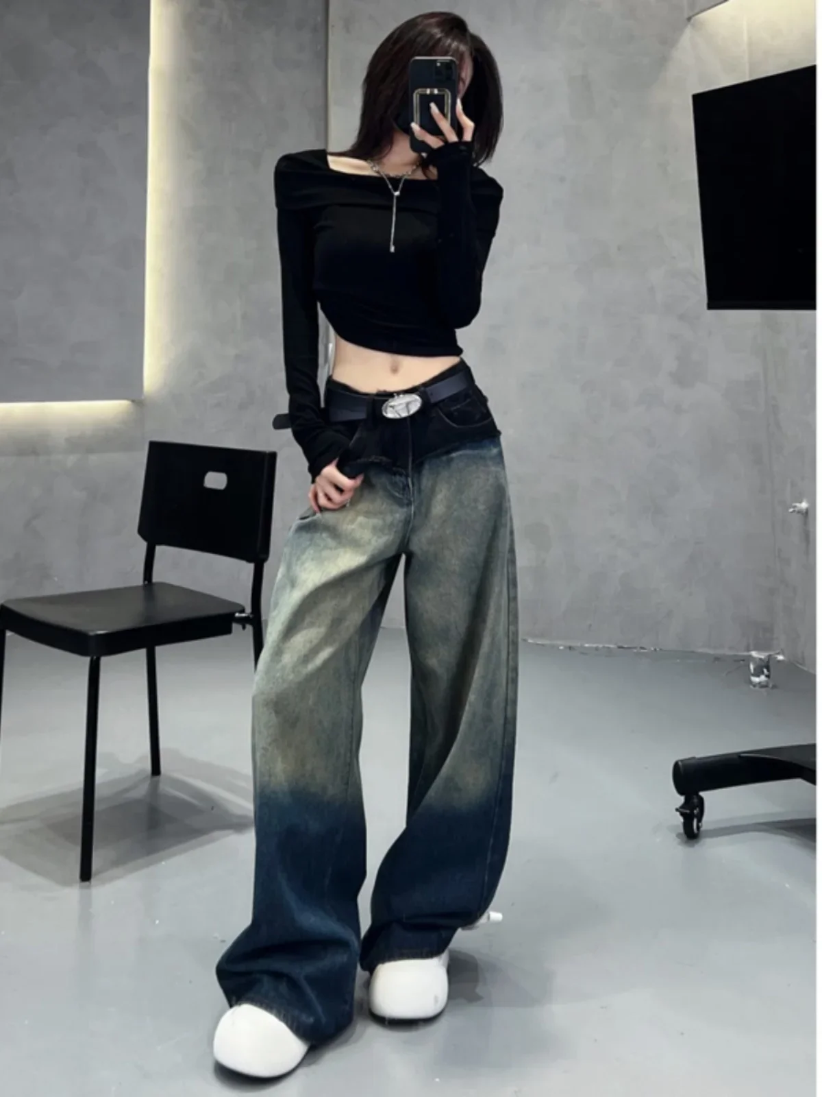 Gradual change jeans women's autumn senior design loose and thin drop straight wide leg floor pants