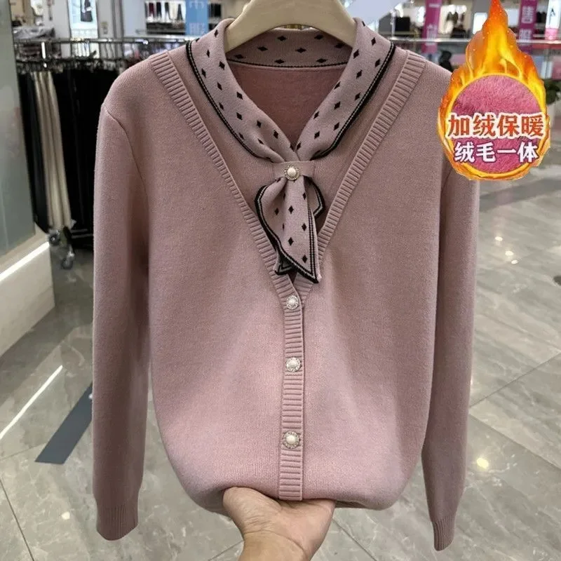 

Autumn WinterNew Fake two pieces Plus velvet Pullover Knitted Sweater Women Fashion Casual Sweater Ladies Knitting Jumpers Tops