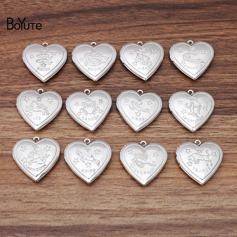 BoYuTe (12 Pieces/Set) 28MM Metal Brass Heart Shape Zodiac Locket Pendant Vintage Photo Locket Factory Direct Sale