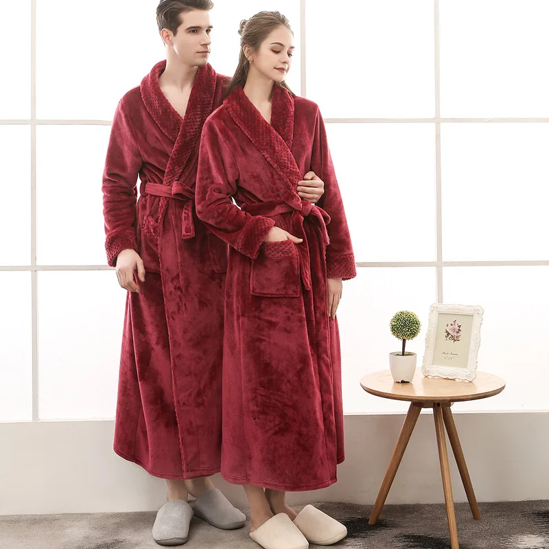 Flanelowe szaty dla par zimowe grube Kimono koszula nocna Plus rozmiar jesienna, patchworkowa polarowy długie szaty szlafrok nocny