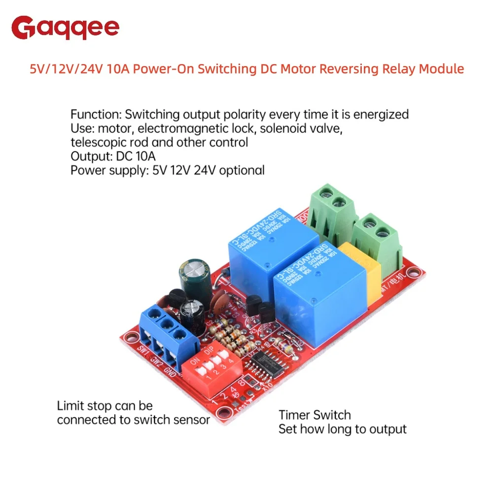 5V/12V/24V 10A Power-On Switching DC Motor Reversing Relay Module for Solenoids, Electric Actuators and Motors