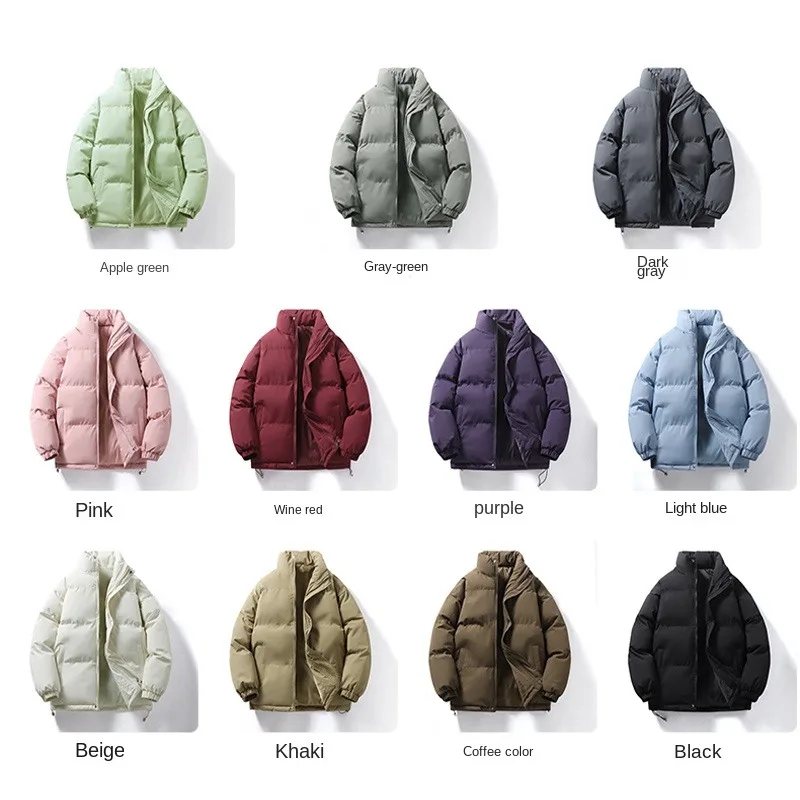 Men Stand Collar Puffer Jacket Winter Thick Warm Cotton Coat Loose Solid Color Zipper Outerwear Casual Windproof Parka M‑4XL
