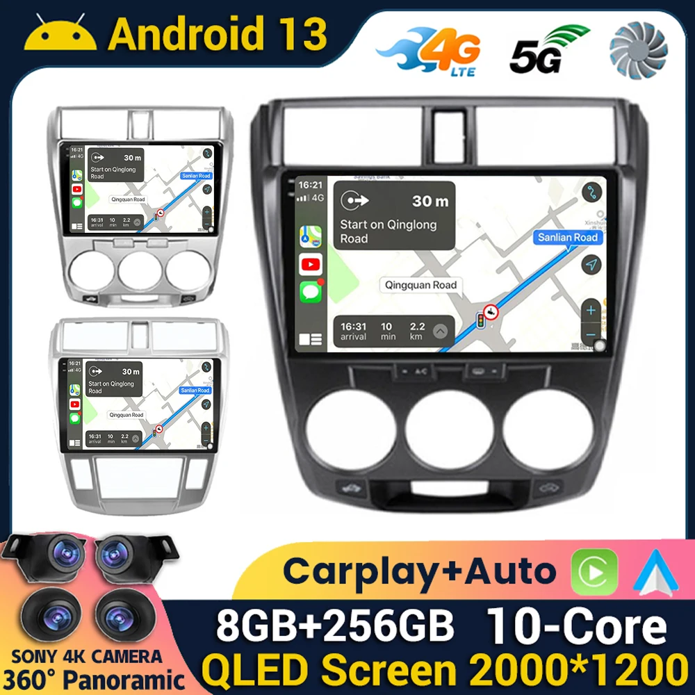 Android 13 WIFI+4G 360 Camera For Honda City 2008 2009 2010 2011 2012 - 2016 Car Radio Stereo Auto GPS Multimedia Player Carplay