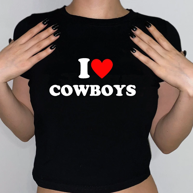 

I Love Cowboys Crop White Tee Y2K Funny Women Slogan T-shirt Cropped Short Sleeve Harajuku 90s Grunge Top Punk Vintage Baby Tee