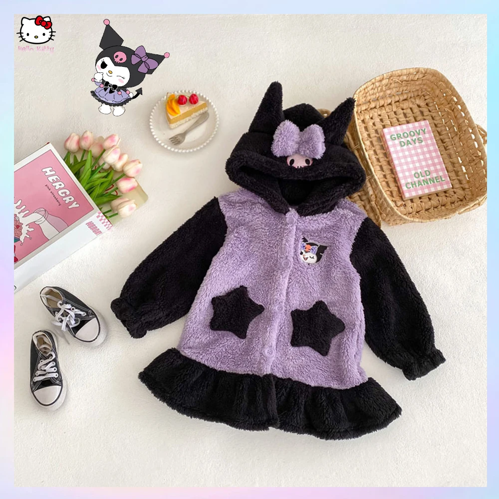 Kuromi Cinnamoroll Sanrioed Kawaii Kids Dressing Gown Anime New Korean Style Spring Autumn Cartoon Girls Coral Fleece Night-Robe