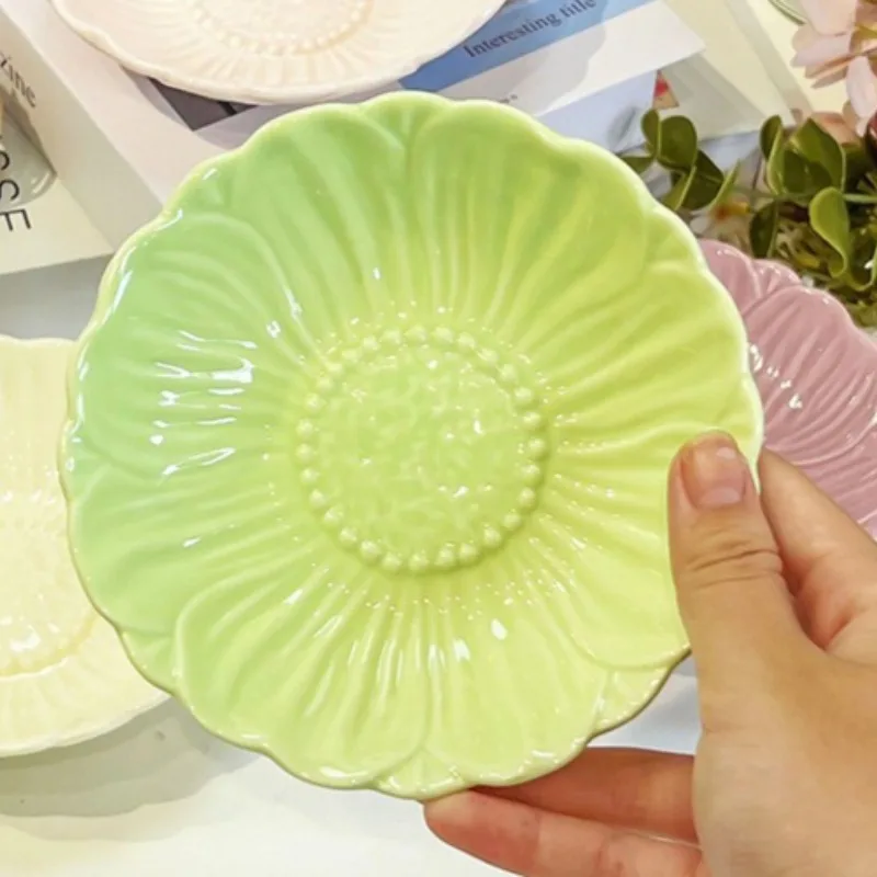 Snack Dish Macaron Colored Glazed Tableware Foreign Trade Relief Flower Dish Ceramic Side Plate Kitchen Utensils