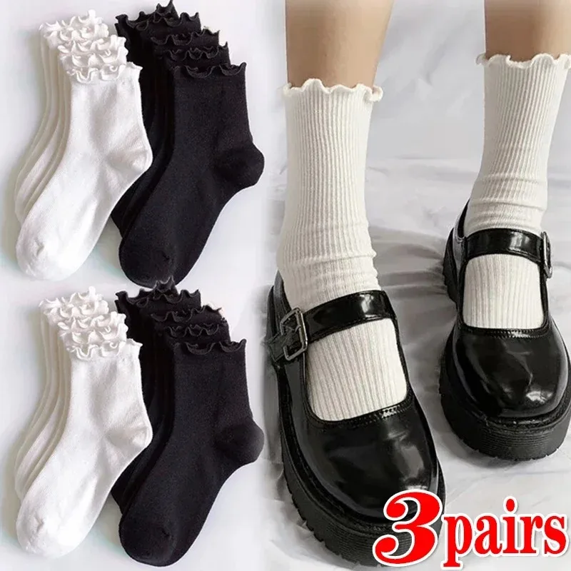 Socks for Women Cute New Spring Japanese Style Breathable Girls Short Socks Kawaii Solid Color Frilly Ruffle Socks Casual Sweet