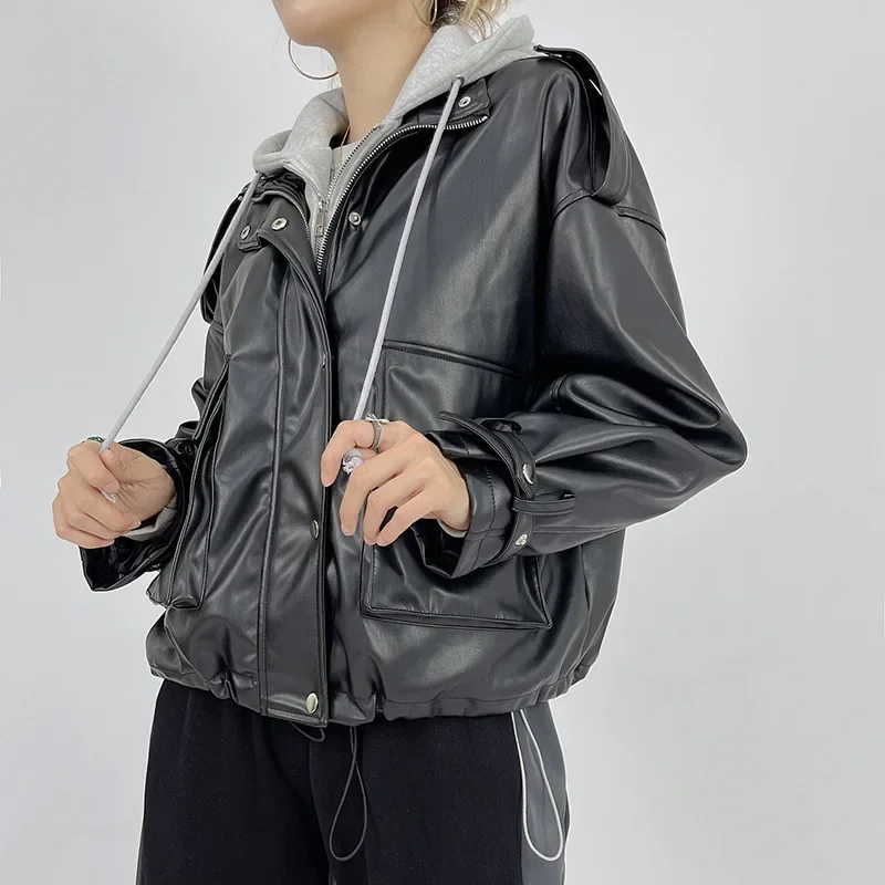 Leather Jacket for Women Autumn Black Hooded Fake Two-piece Patchwork Loose Short Motorcycle Jacket Trend