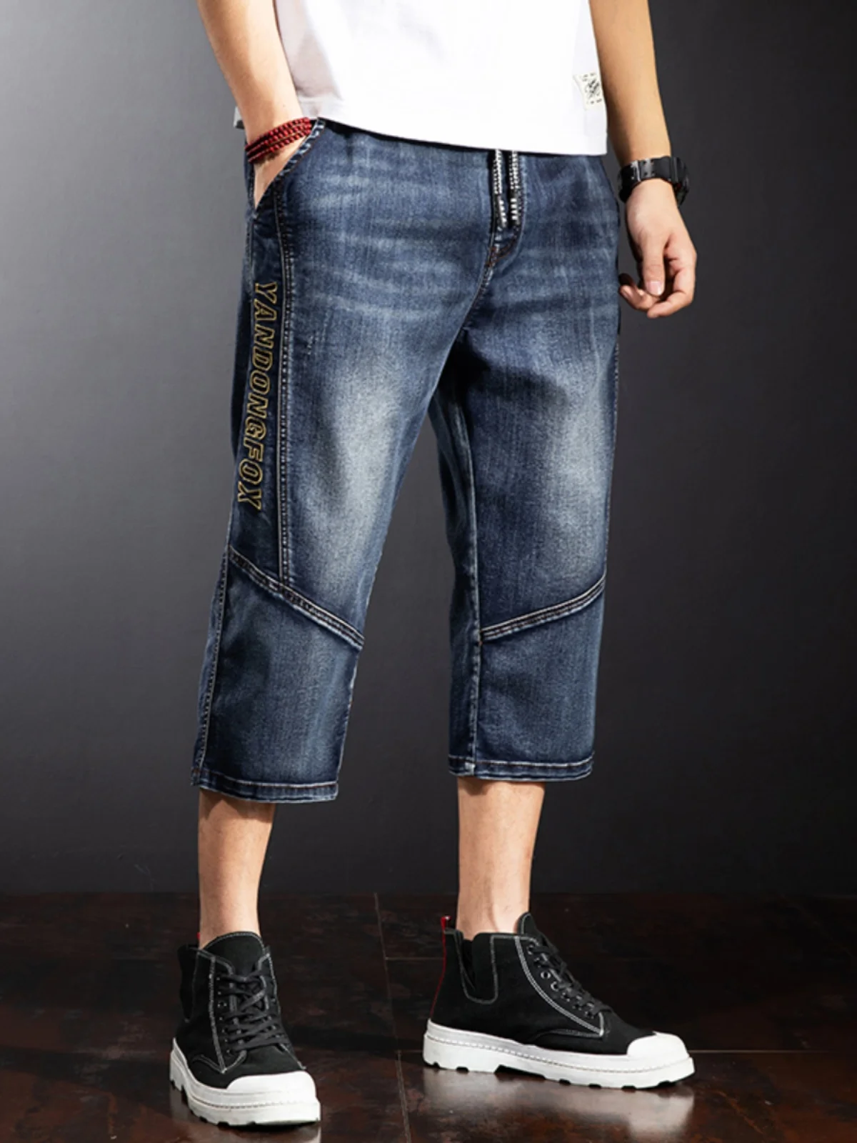 

Summer Thin Cotton Denim Jeans Men's mid Waist Patchwork Elastic Waist Seven-Foot Length Shorts Straight Leg Loose Fit Fashion