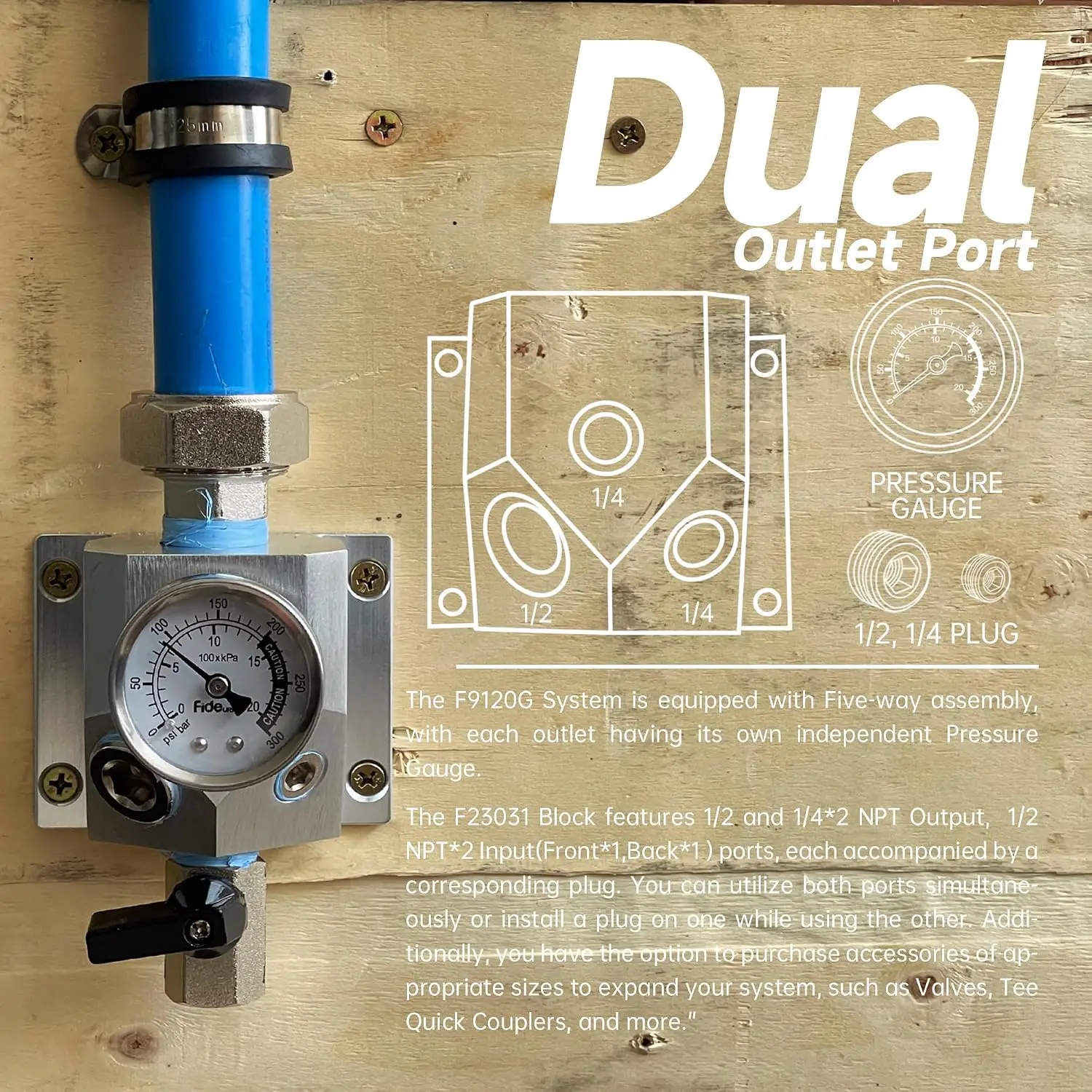 Compressed Air Piping System with 3/4 Inch ID x 200 feet 5-Way Multi-Outlet Aluminum Manifolds with individual Pressure Gauge HD