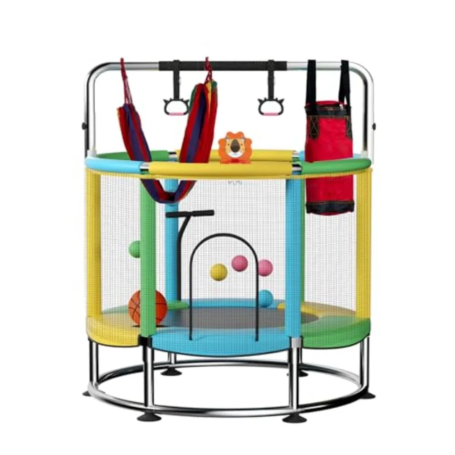 ' 55 indoor outdoor trampoline with steel frame black safety enclosure anti-rollover round bottom adjustable gymnastics bars an