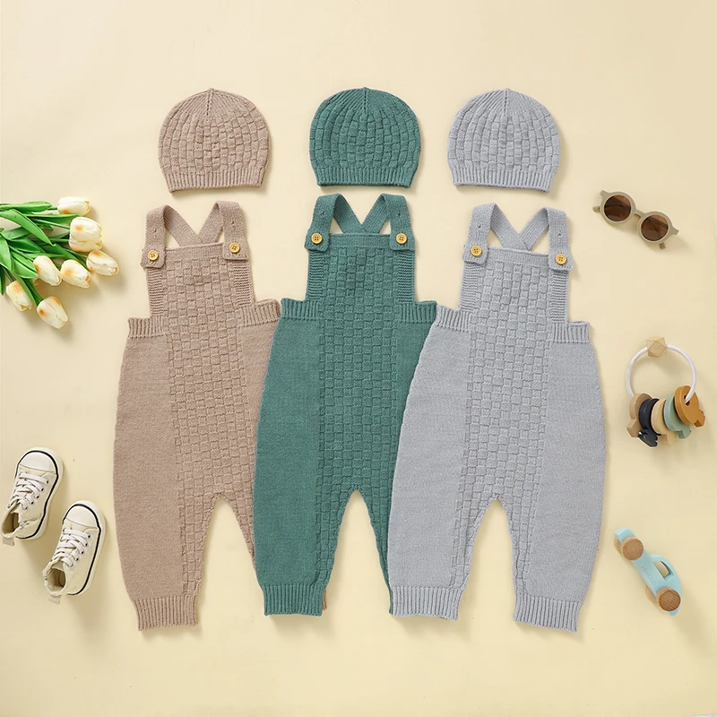 Baby Romper Set Solid Knit Infant Girl Newborn Boy Jumpsuit Sleeveless Toddler Kid Sling Clothes Hat 0-18M Overalls Playsuit 2PC