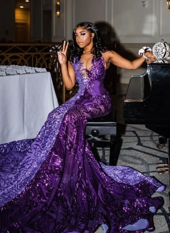 Noble Purple Evening Dresses Patchwork Applique Sequins Birthday Party Dresses Black Girls Long Prom Dresses