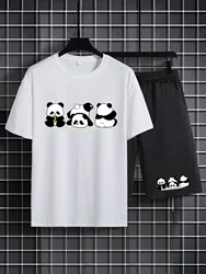 3D Cute Panda Print 2-piece Men's Fashion Casual Round Neck Short Sleeved T-shirt Drawstring Shorts Set Suitable Children's set