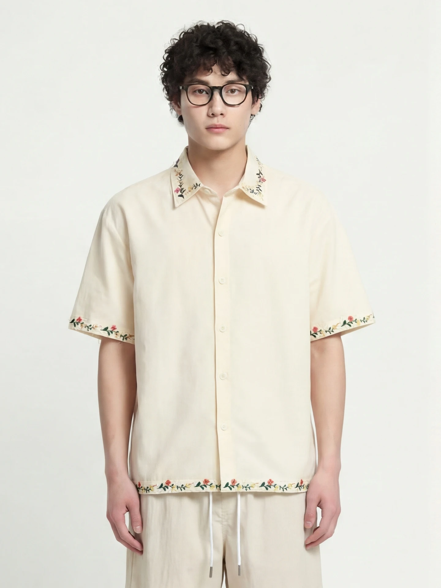 

Casual Floral Trim Short Sleeve Shirt Loose Fit Male Female Unisex Summer Breathable Cotton Youth Popular Loose Collar Shirt
