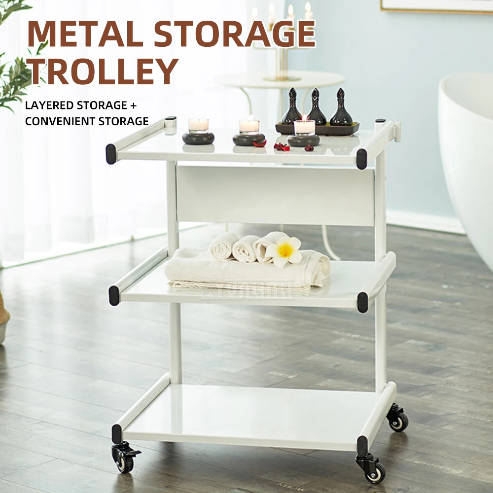 Metal 3-Tier Beauty Trolley, Hairdressing Tool Cart with Wheels Storage Cart, Floor Multi-Tier Storage Rack