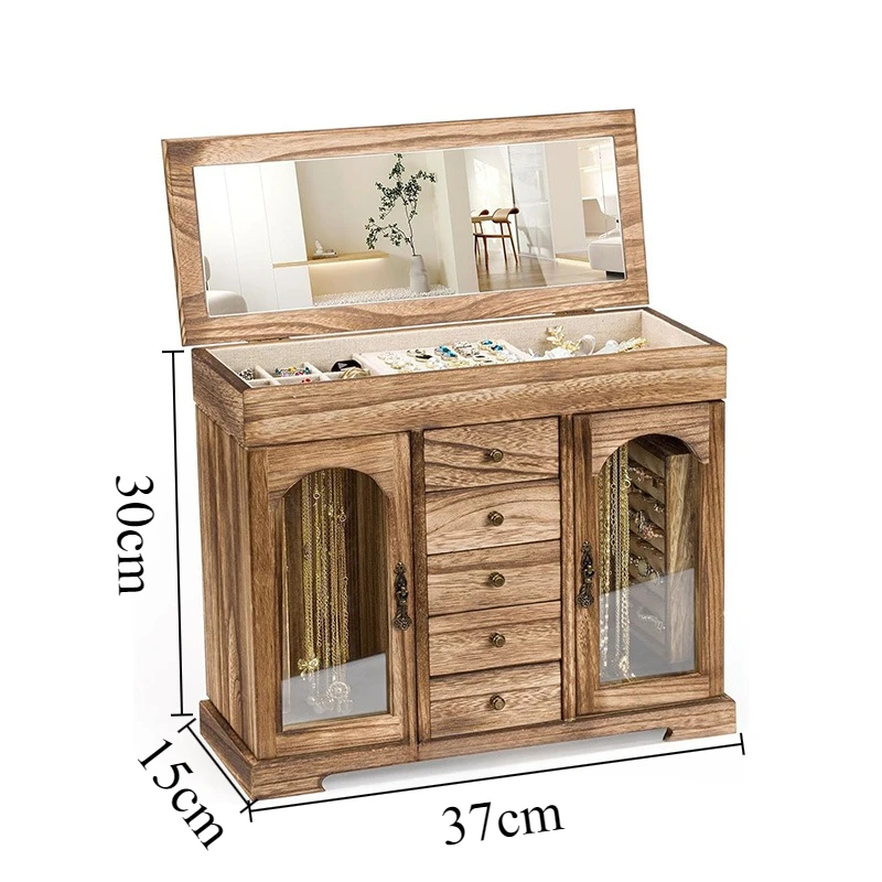 صندوق مجوهرات خشبي ريترو حلقة أقراط صناديق تخزين مرآة القلائد الكبيرة سوار عرض لوازم تغليف المجوهرات