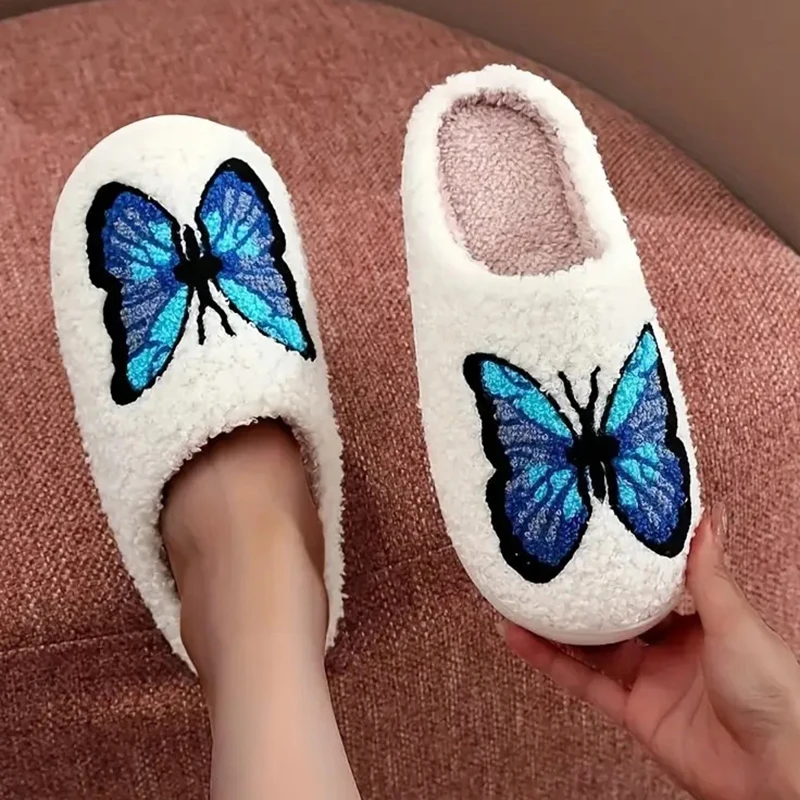 Lucyever Butterfly Embroidery Plush Woman Slippers Non Slip Soft Home Slides Shoes Women Winter Comfy Warm Cotton Shoes Female