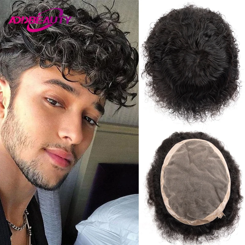 Water Wave Man Toupee Mono NPU Human Hair Wigs 100% Indian Remy Human Hair Durable Hair Prosthesis Curly Hair System Natural