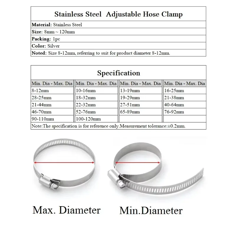 1PCS Stainless Steel Hose Clamps Diameter 8mm ~ 120mm Adjustable Tri Gear Worm Fuel Tube Water Pipe  Fixed Clip Spring Cramps