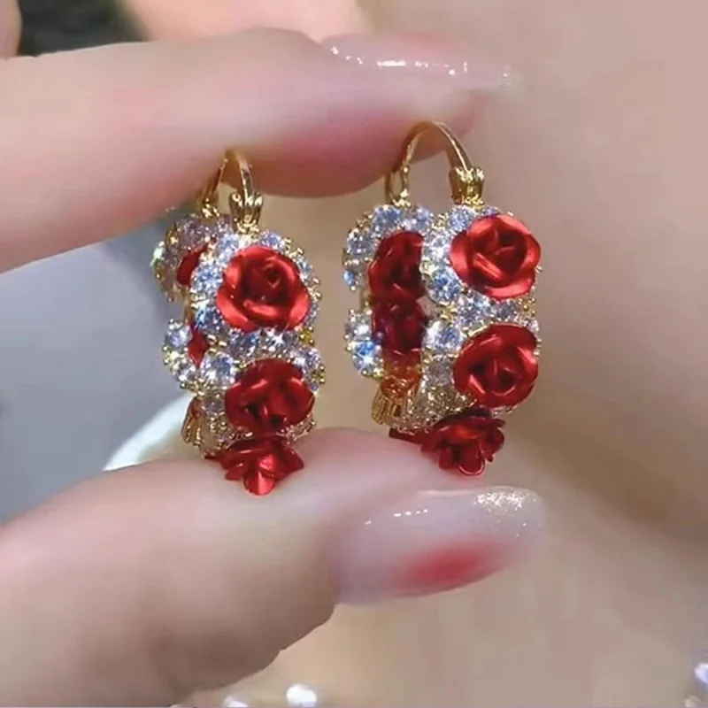 Fashion Cute Red/Purple Color Flower Hoop Earrings Temperament Sweet Floral Round Ear Buckle Women Wedding Party Jewelry