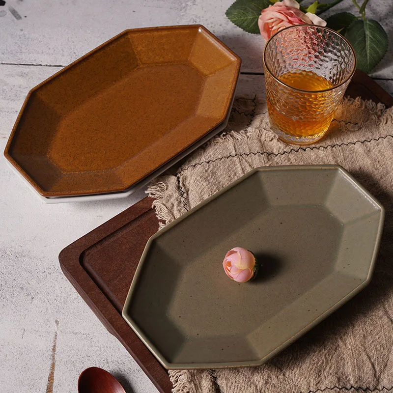 

Japanese Style Ceramic Plate Irregular Rectangle Dish Creative Retro Tableware for Home Kitchen