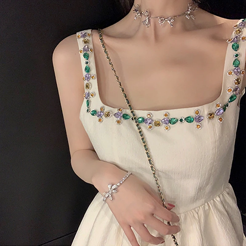 French Square Collar Exquisite Rhinestone High Waist A Line Mini Dress Female 2024 Summer Vacation Style Sweet Sling Dress Women