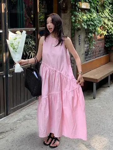 여성용 원피스 여름 한국 스타일 루즈핏 원피스 드레스 원형 칼라 루즈핏 슬림핏 끌어올린 디자인 패치워크 비대칭 원피스