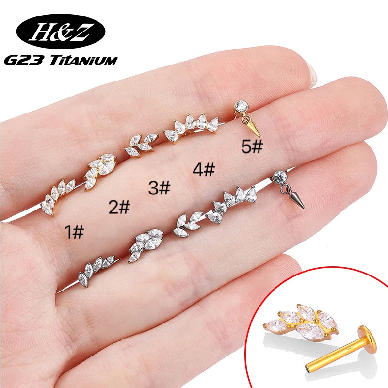 1PC G23 Titanium Piercing Labret Internal Thread Ear Studs Zircon Horse's Eye Pendant Helix Cartilage Lip Stud Body Jewelry 16G