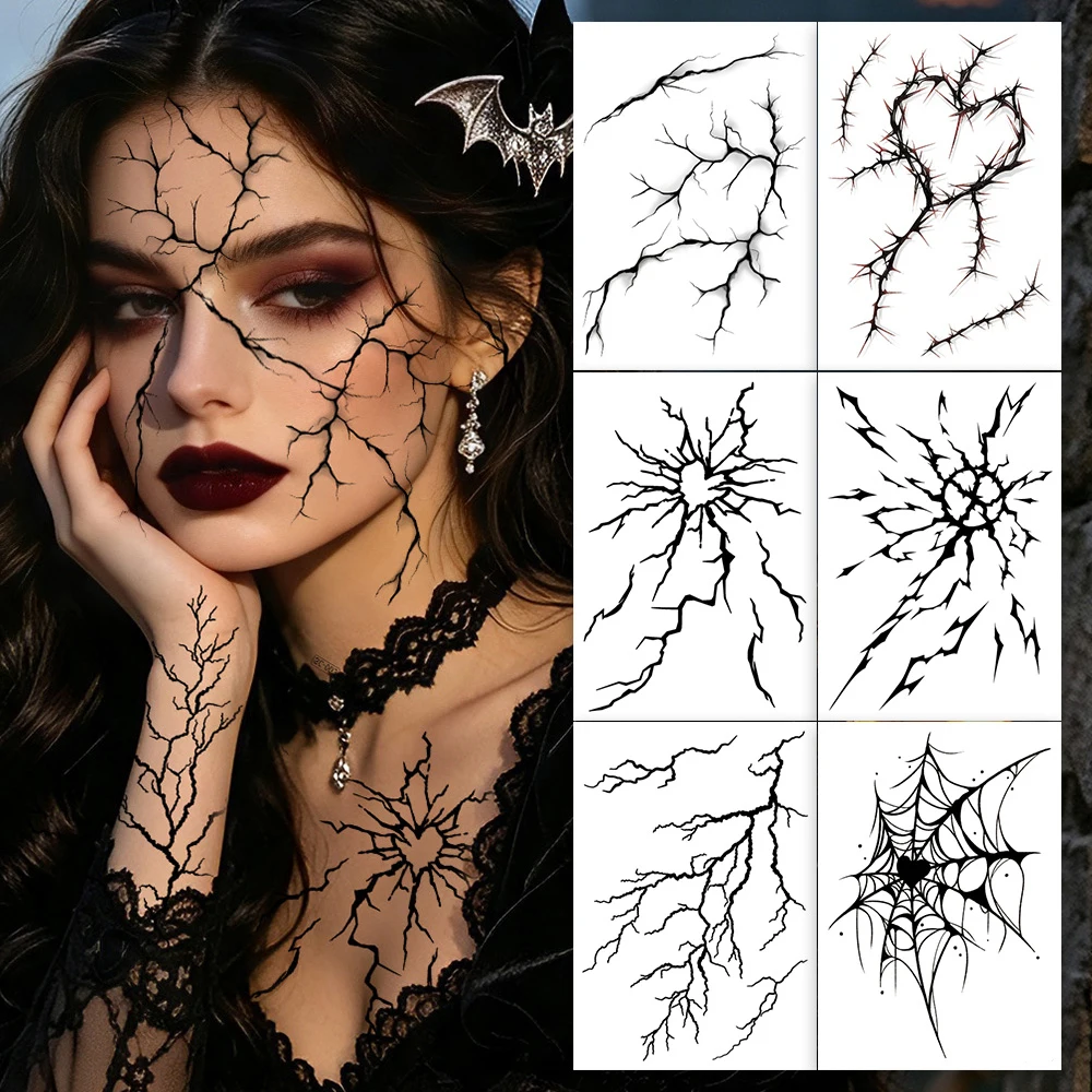6 Blätter Halloween Schwarze Blitzeffekt-Tattoos, Dekoration für Maskerade, Scherze, Cosplay, Nachtclub & Musikfestival – Detail 5