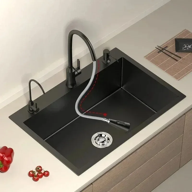 304 Stainless Steel Kitchen Sink Black Large Single Bowl Basin Thickened Countertop Vegetable Washing Sink For Home Kitchen