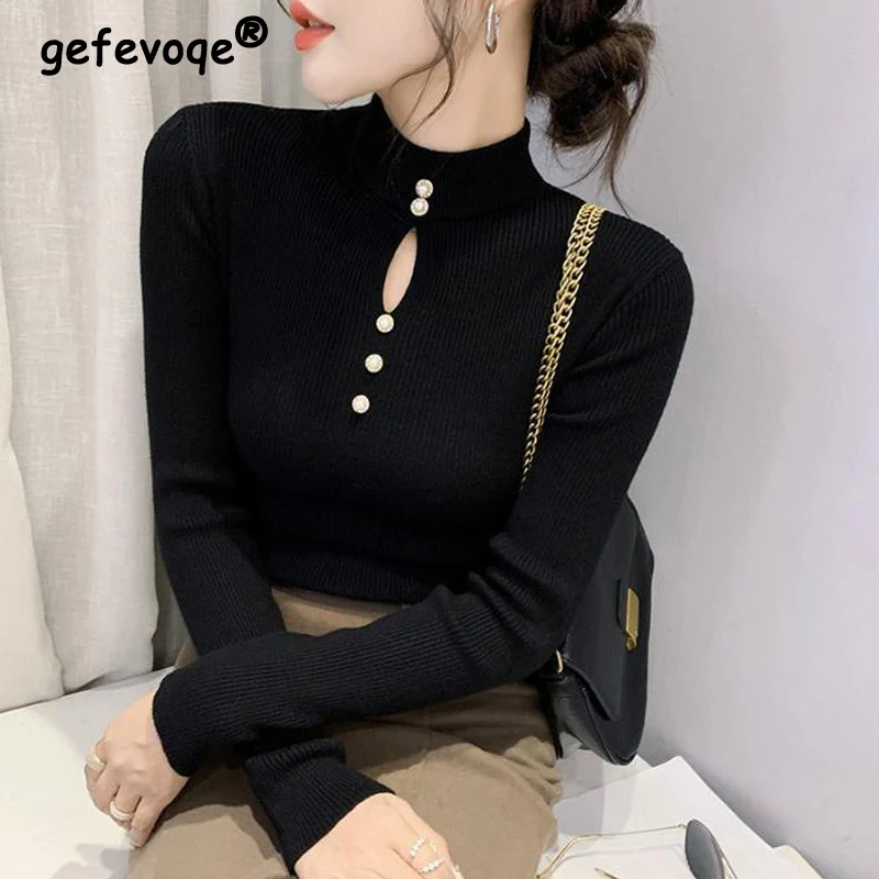 Autumn Winter Korean Basic Top Female Sexy Hollow Chic Elegant Slim Pullover Knitted Sweater Long Sleeve Women's Clothing Jumper