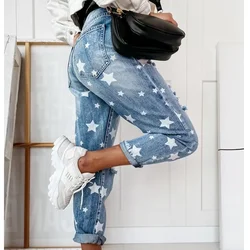 Jeans Sommer gewaschene Jeans hose Jeans hose für Frauen hohe Taille gerade Stern muster zerrissene Streetwear Jeans