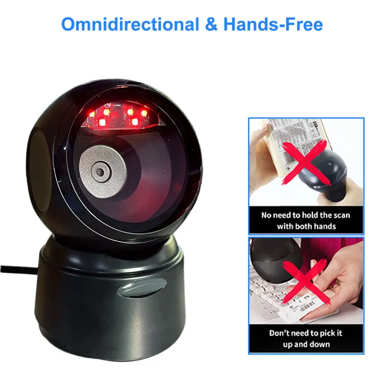 HBAPOS Desktop Omnidirectional Barcode Scanner USB Wired Hands-Free 1D 2D QR Code Reader Automatic Sense Scanning Decoder