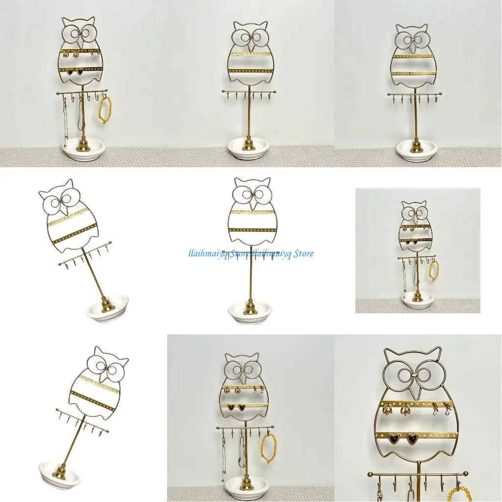 

573B Artistic Owl Jewelry Holder With Rustproof Iron Frame Ceramic Bottom For Bedroom Vanity Decoration