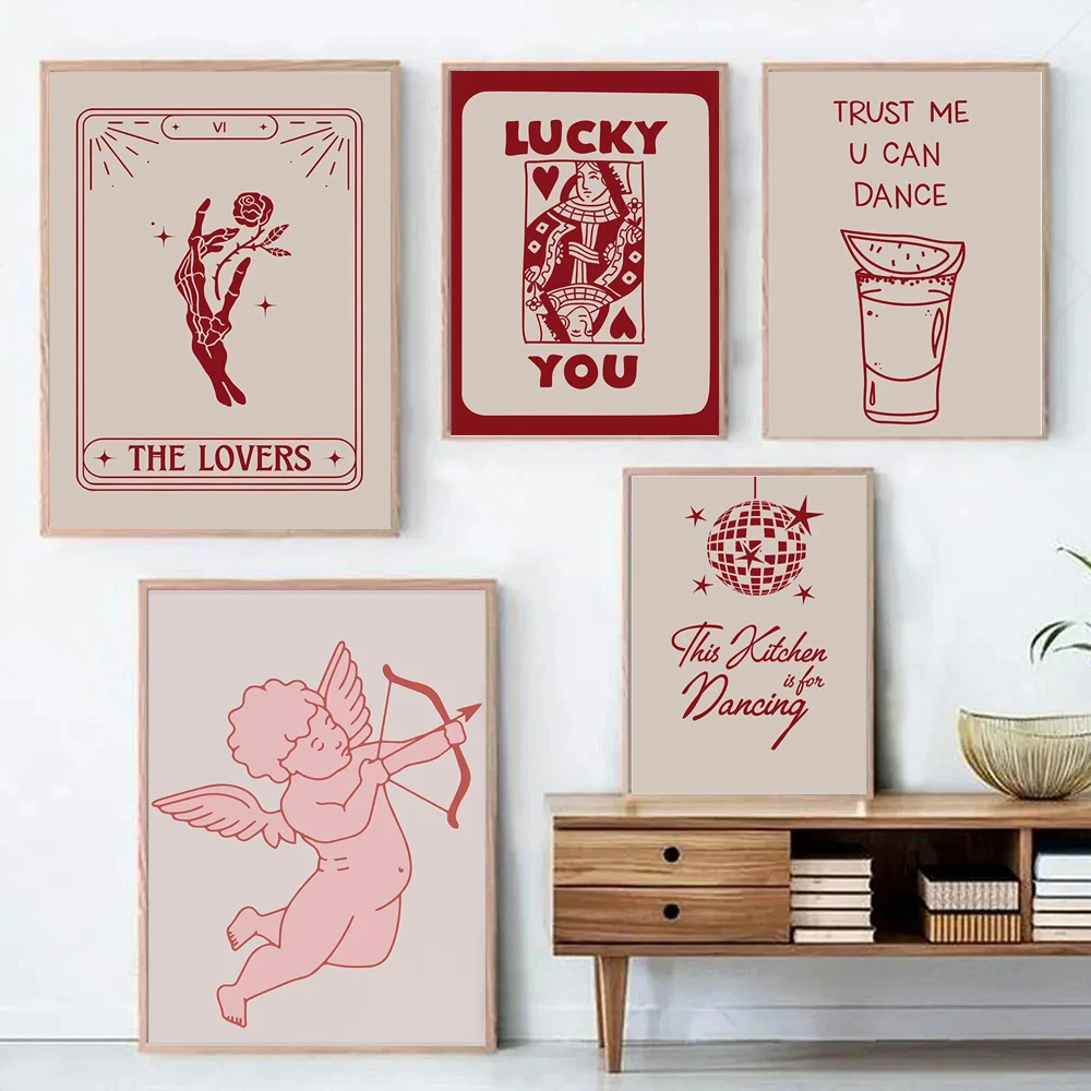 

Vintage Fashion Red Cherry Cupid Bow Print Posters Juice Cocktail Bar Cart Aesthetic Canvas Painting Bedroom Wall Art Home Decor