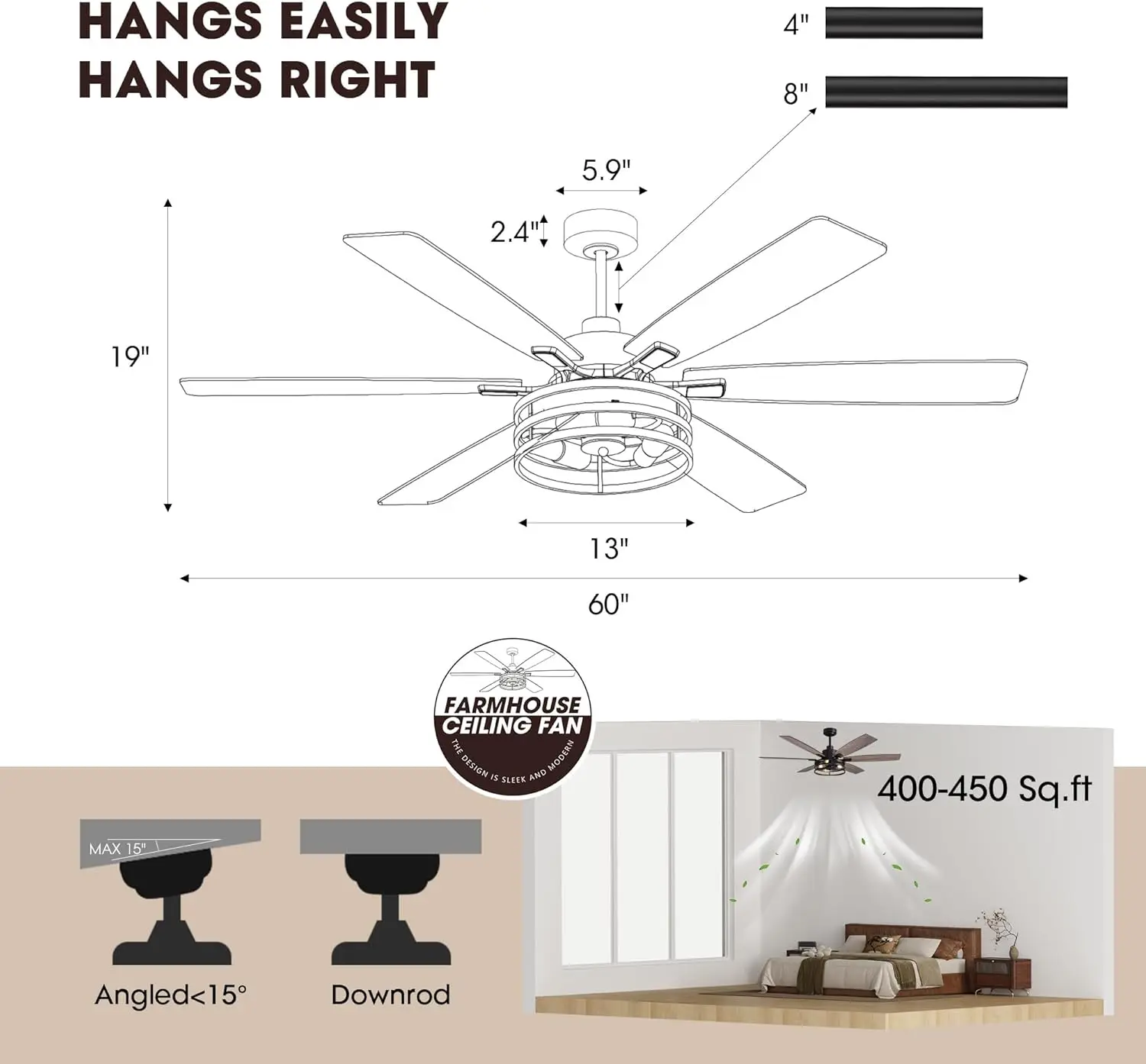 Ventilador de Teto Preto de 60 Polegadas com Luzes e Controle Remoto, Estilo Fazenda LED para Uso Interno e Externo