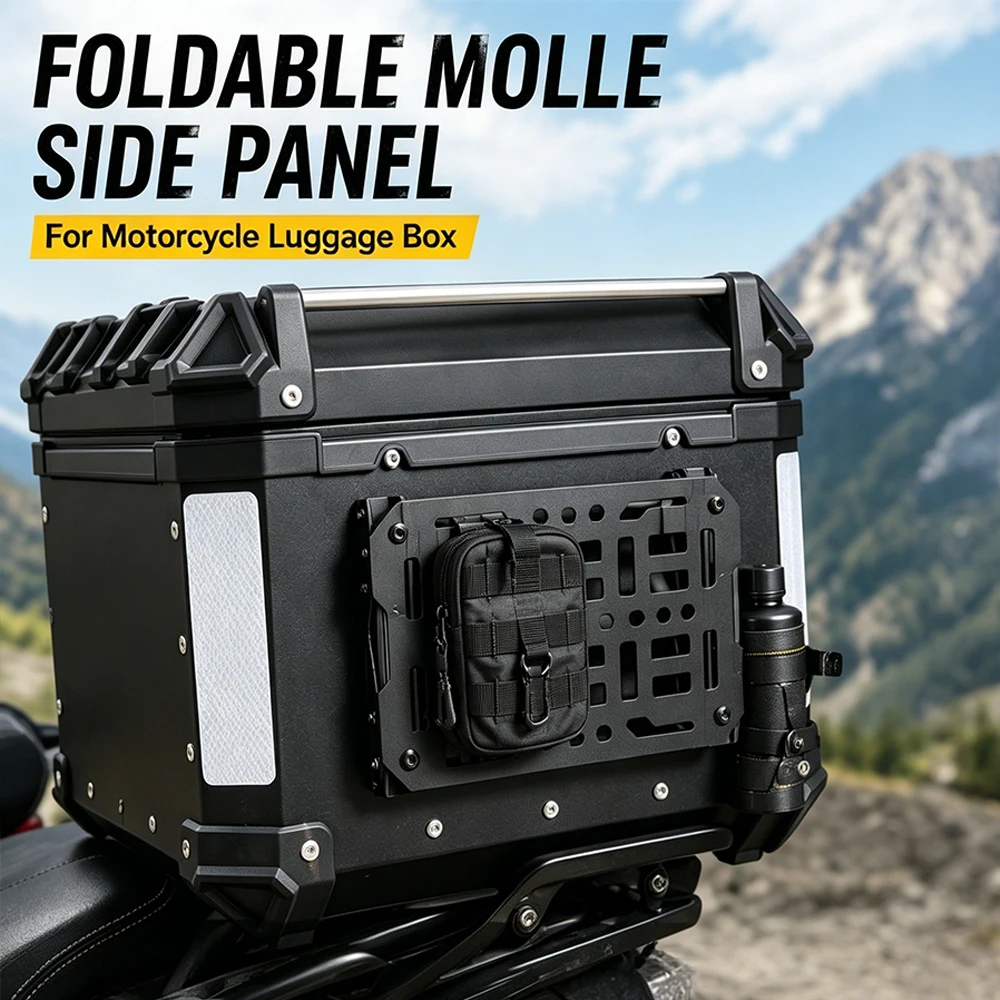 Motorcycle Foldable Molle Side Panel For Aluminum Luggage Box Expandable Storage Rack Tail Box Mount Plate Tool Bag Holder