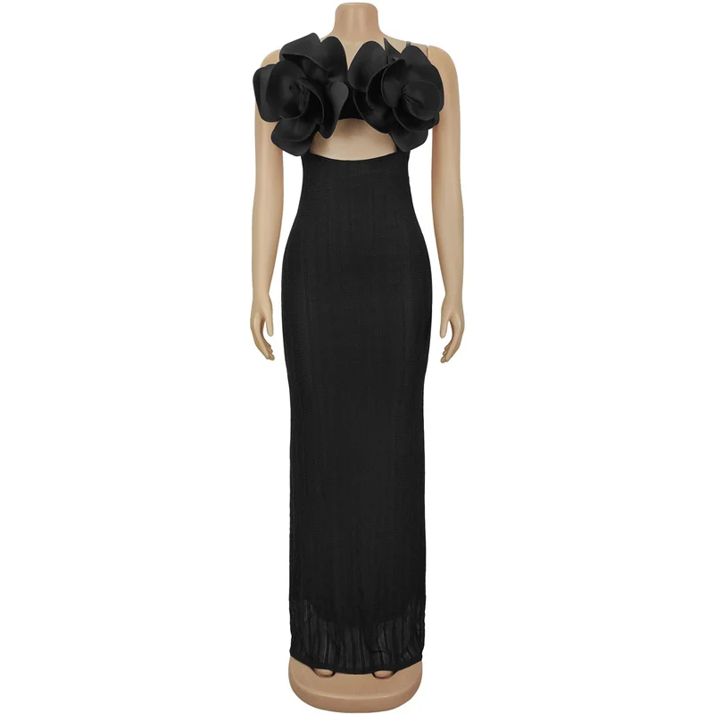 Vrouwen Zomer 2025, Strapless Bodycon Sexy Lange Feestjurken 3D Grote Bloem Slanke Uitgesneden Nachtclub Jurk Jurk Zwart Wit Dames