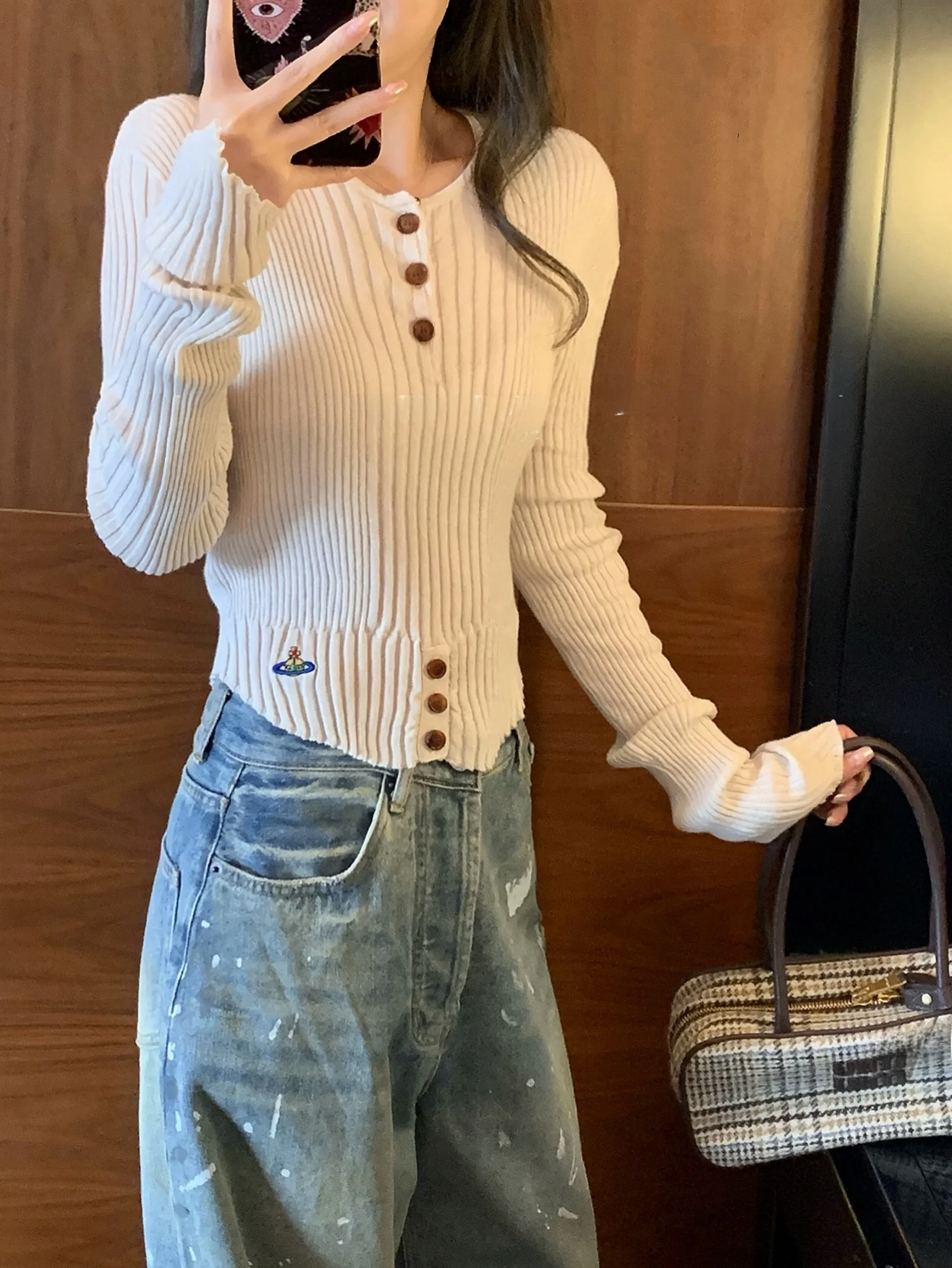 

Облегающий вязаный свитер с воротником Генри, базовый слой с вышивкой, смесь хлопка и шерсти, длинный свеч, повседневный круглый, на пуговицах